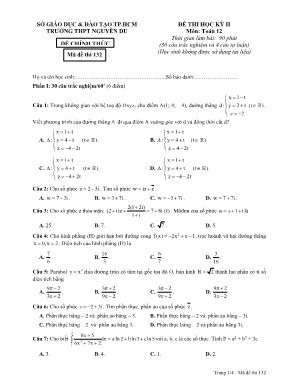 Đề thi học kì II môn Toán Lớp 12 - Mã đề 132 - Trường THPT Nguyễn Du